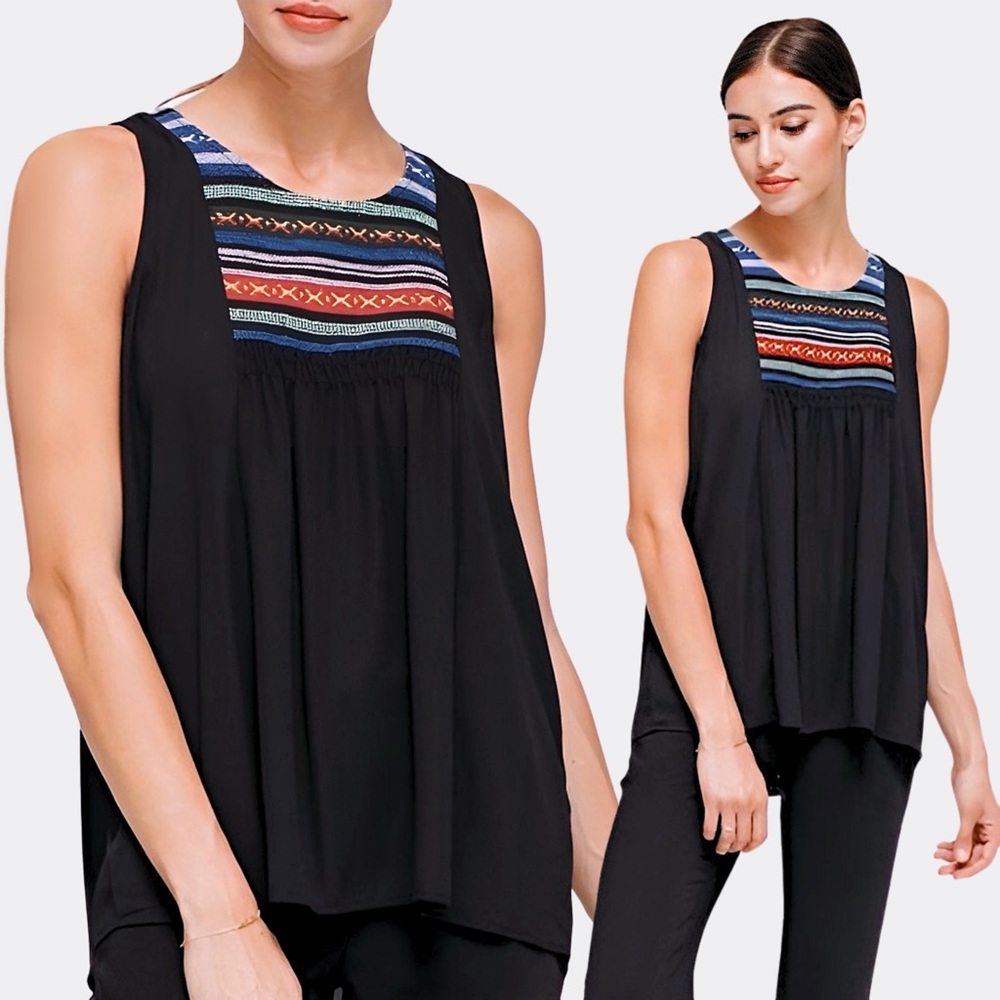 Anthropologie Pleione Boho Embroidered Yoke Mixed Media High-Low Shell Tank Top